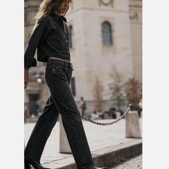 Zara STRAIGHT CUT BEADED ANKLE JEANS WITH A HIGH WAIST - Picture 8 of 11